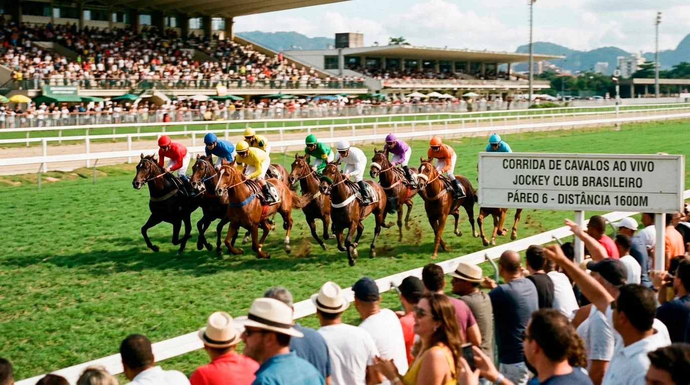 Pelotão de cavalos de corrida em plena competição vistos da bancada do hipódromo