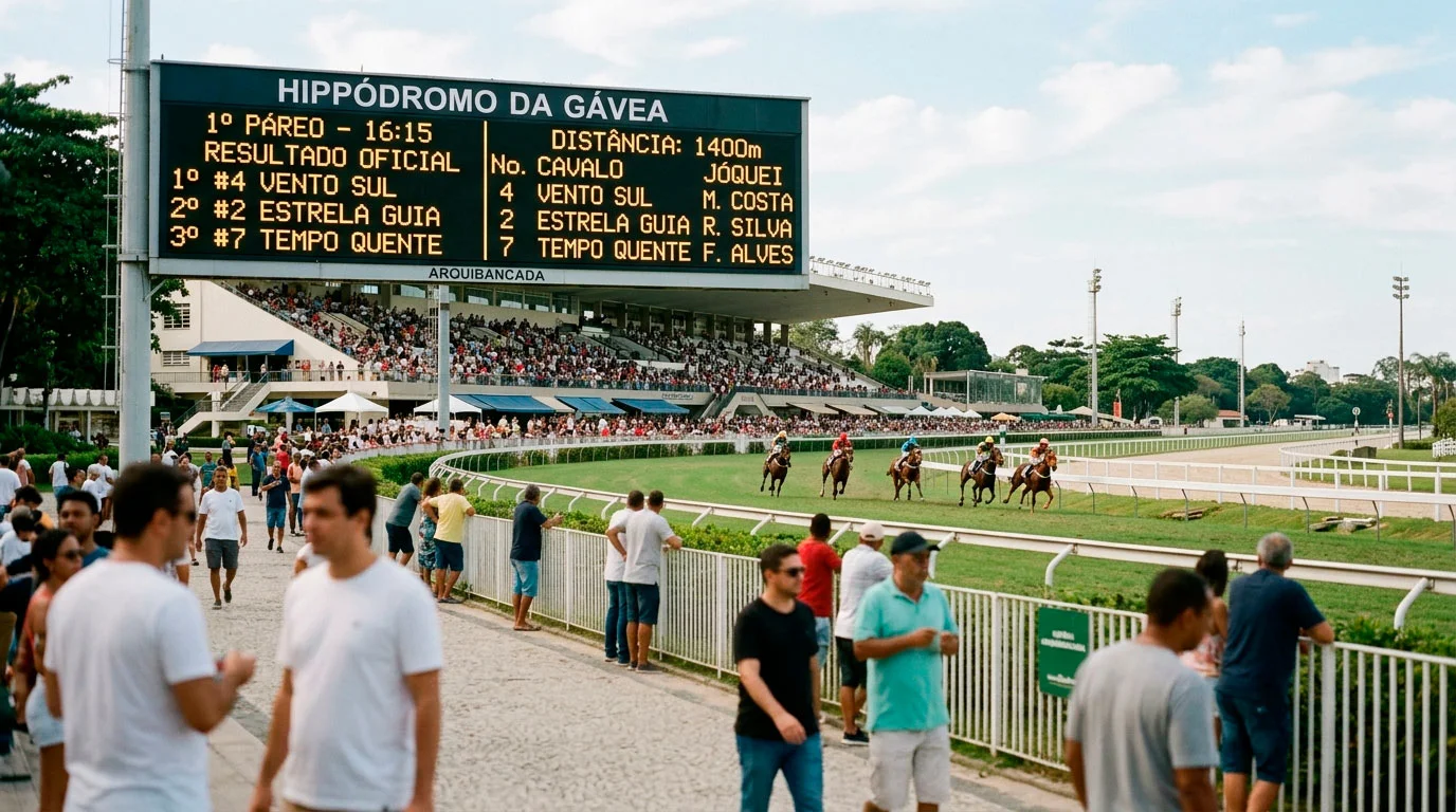 Corrida de cavalos em hipódromo com ecrãs de resultados e tribuna