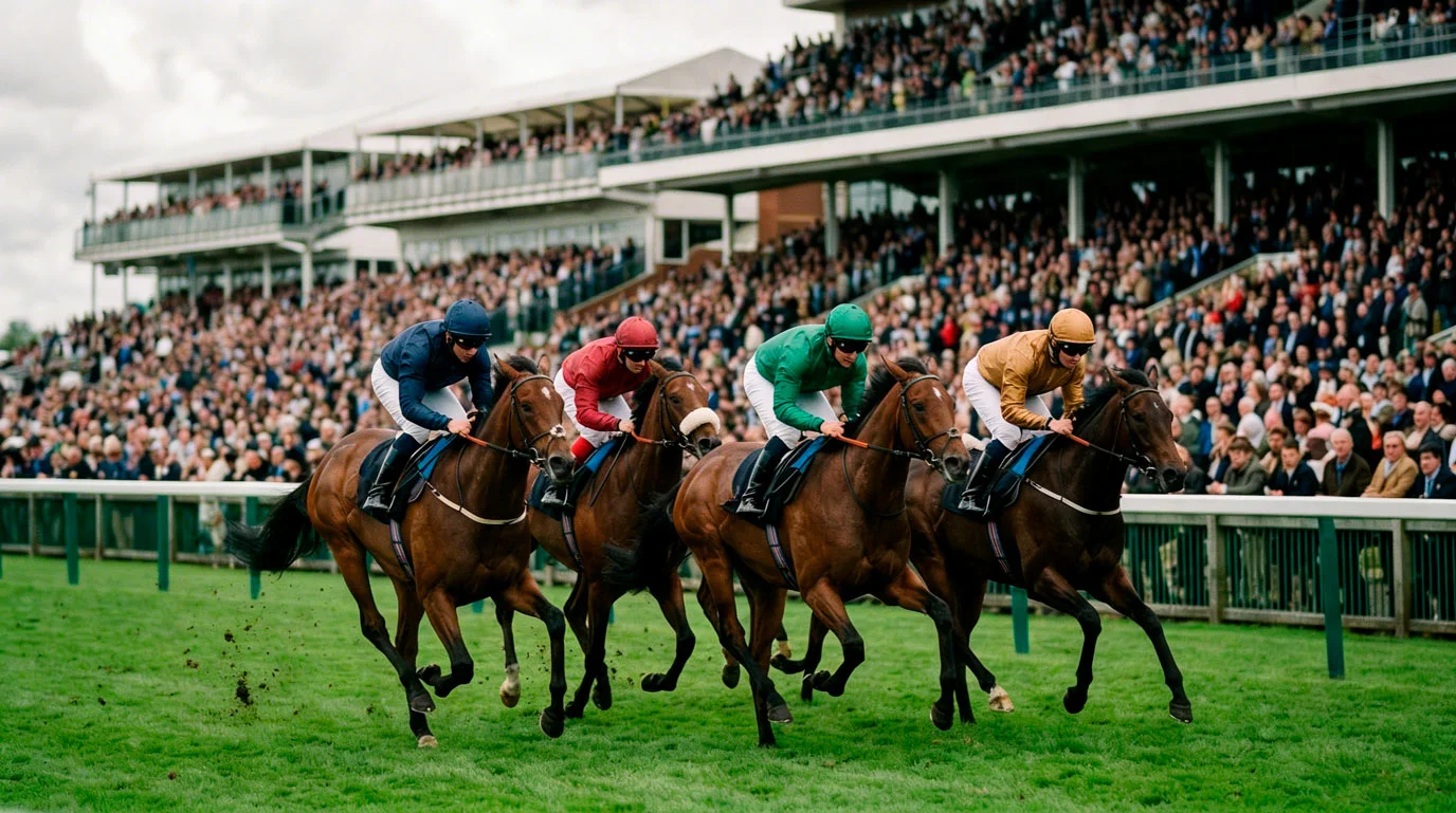 Cavalos de corrida num hipódromo britânico com público nas bancadas