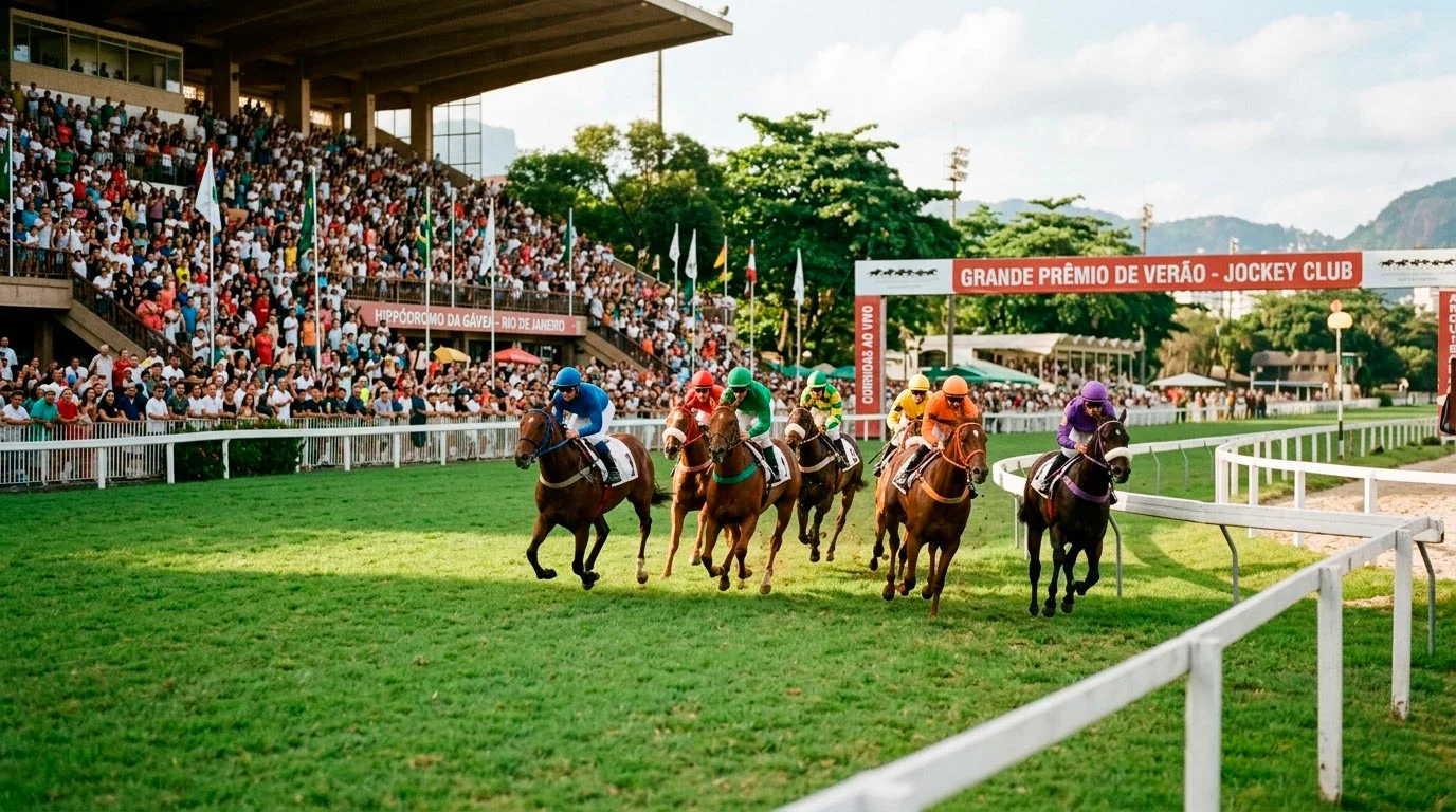 Corrida de cavalos real numa pista de relva com público nas bancadas