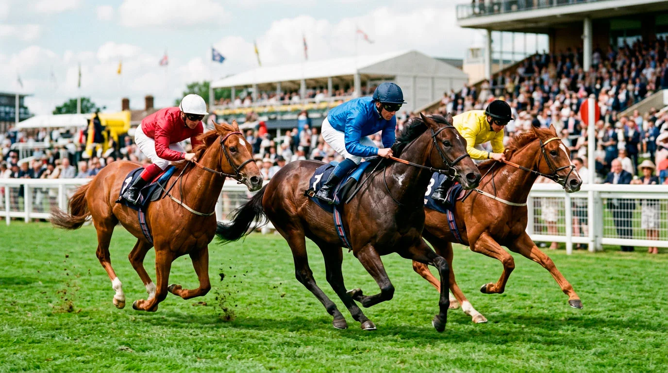 Cavalos de corrida em competição num hipódromo com relva verde e tribuna ao fundo