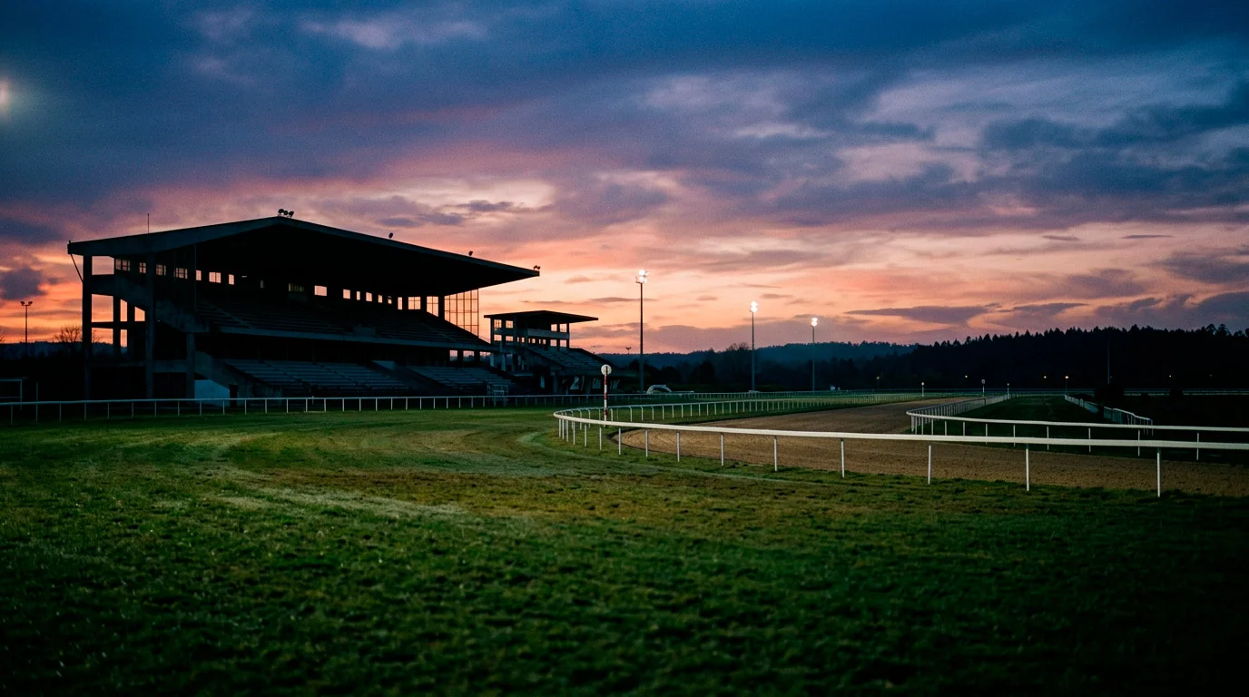 Hipódromo vazio ao entardecer com pista de corrida e bancadas desertas