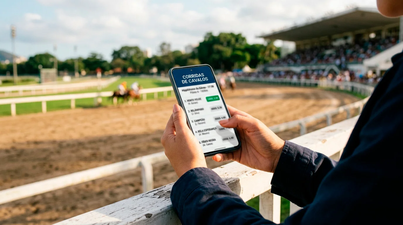 Pessoa a consultar odds de corridas de cavalos num telemóvel junto a um hipódromo