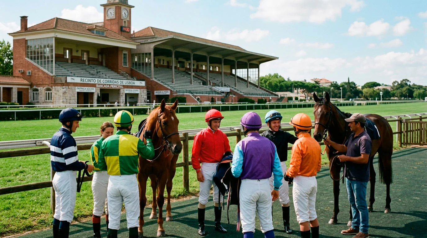 Hipódromo com pista de relva e bancadas durante uma reunião de corridas