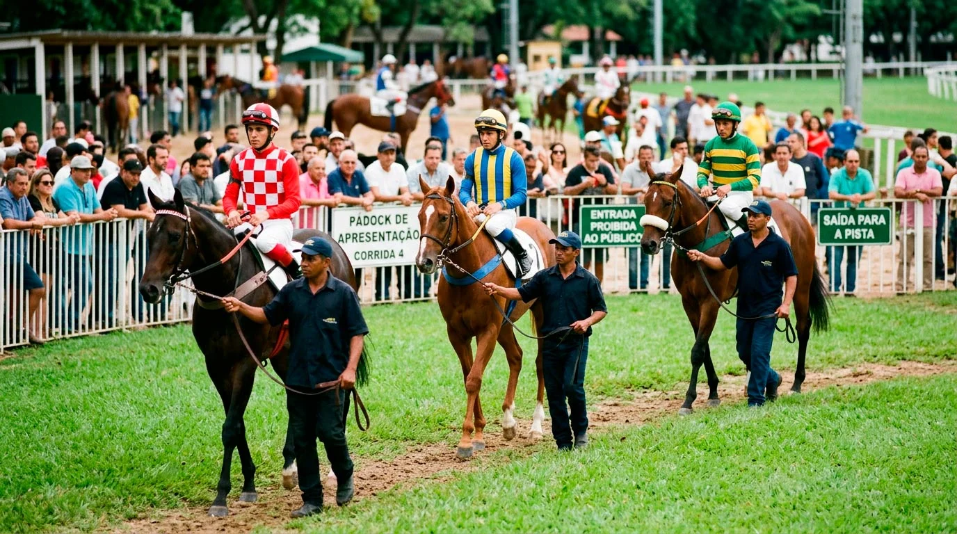 Cavalos de corrida no paddock antes da partida com jockeys em equipamento colorido
