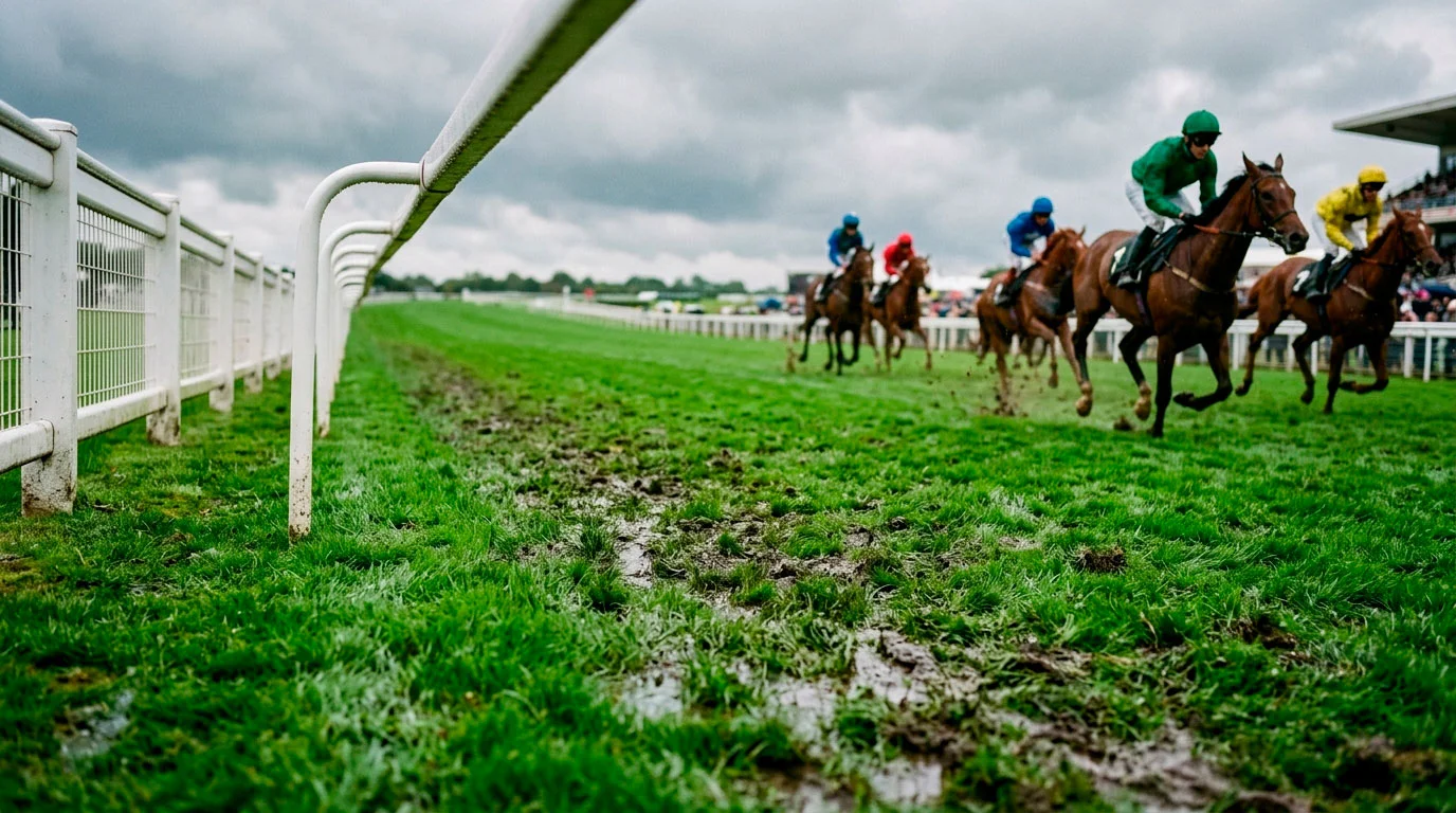 Pista de corrida de cavalos com superfície de relva molhada após chuva