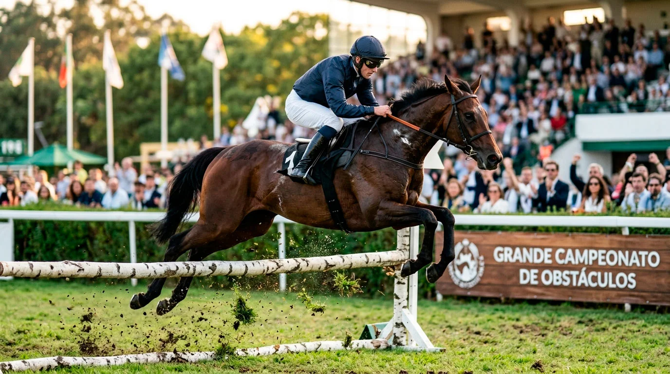 Cavalo e jockey a saltar uma vedação numa corrida de steeplechase