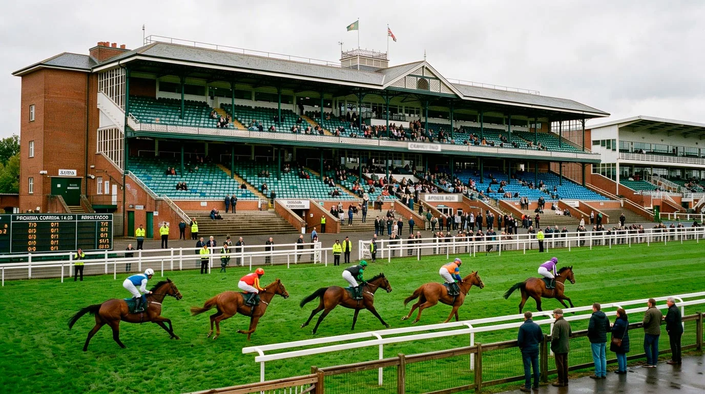 Hipódromo britânico com tribuna parcialmente vazia durante reunião de corridas
