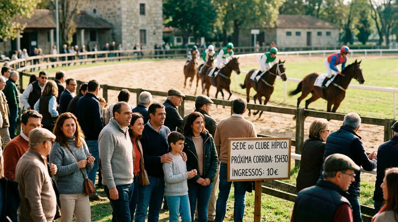 Pessoas a assistir a corridas de cavalos num hipódromo europeu ao ar livre