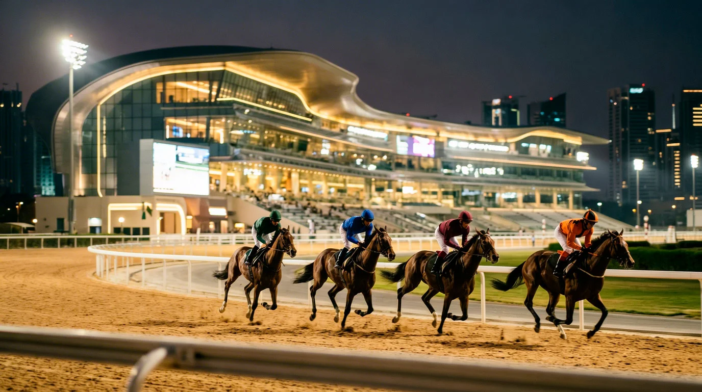 Corrida de cavalos noturna num hipódromo moderno iluminado no Médio Oriente