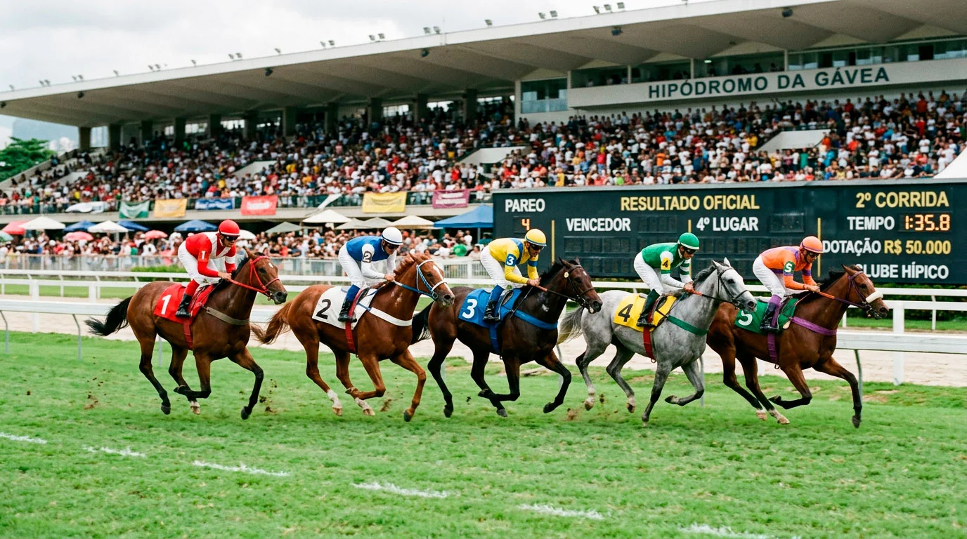 Grupo de cavalos de corrida lado a lado durante prova num hipódromo