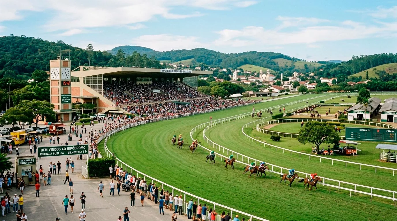 Vista panorâmica de hipódromo com pista de corrida e tribuna principal