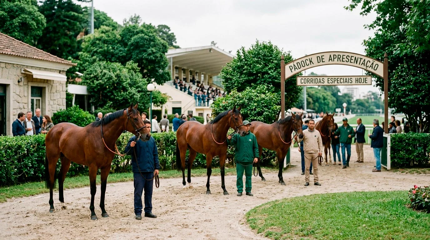 Cavalos de corrida em fila no paddock de um hipódromo antes da prova