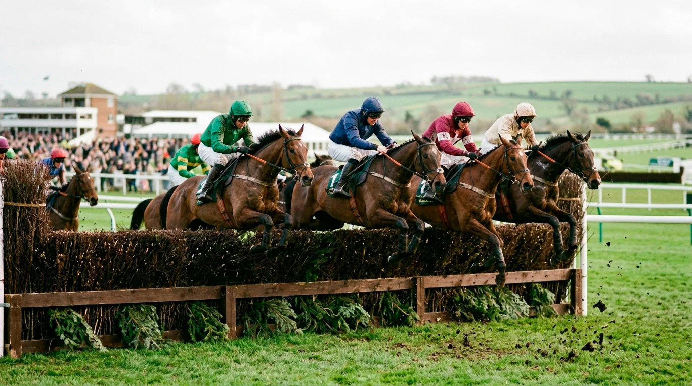 Cavalos a saltar a famosa vedação do Grand National em Aintree