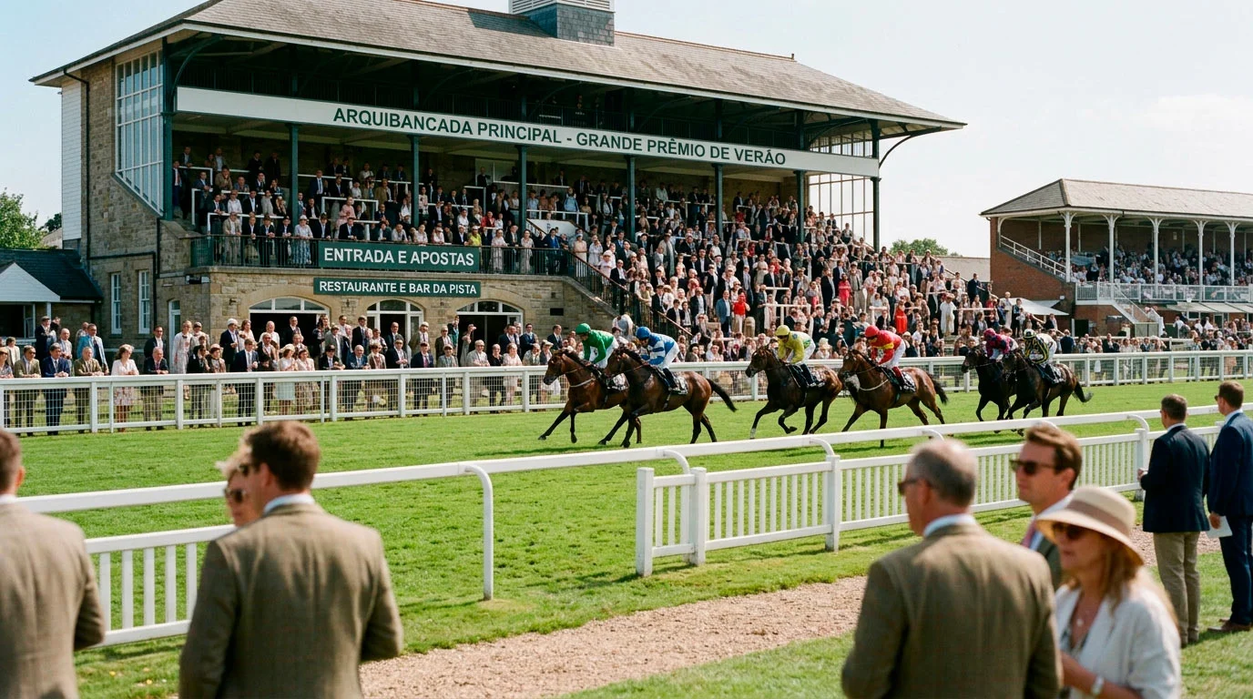 Hipódromo britânico com tribuna principal e pista de relva num dia de corridas