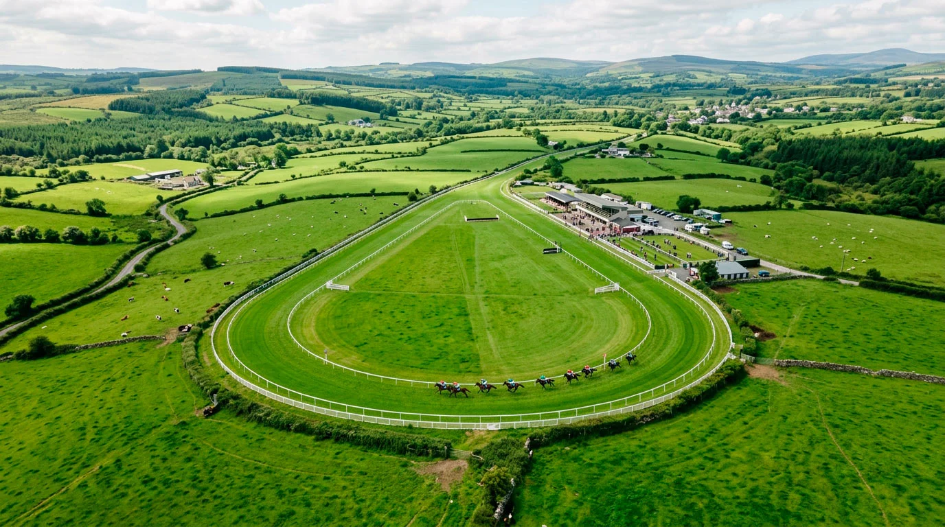 Vista aérea de hipódromo irlandês com pista de relva e campo verde envolvente