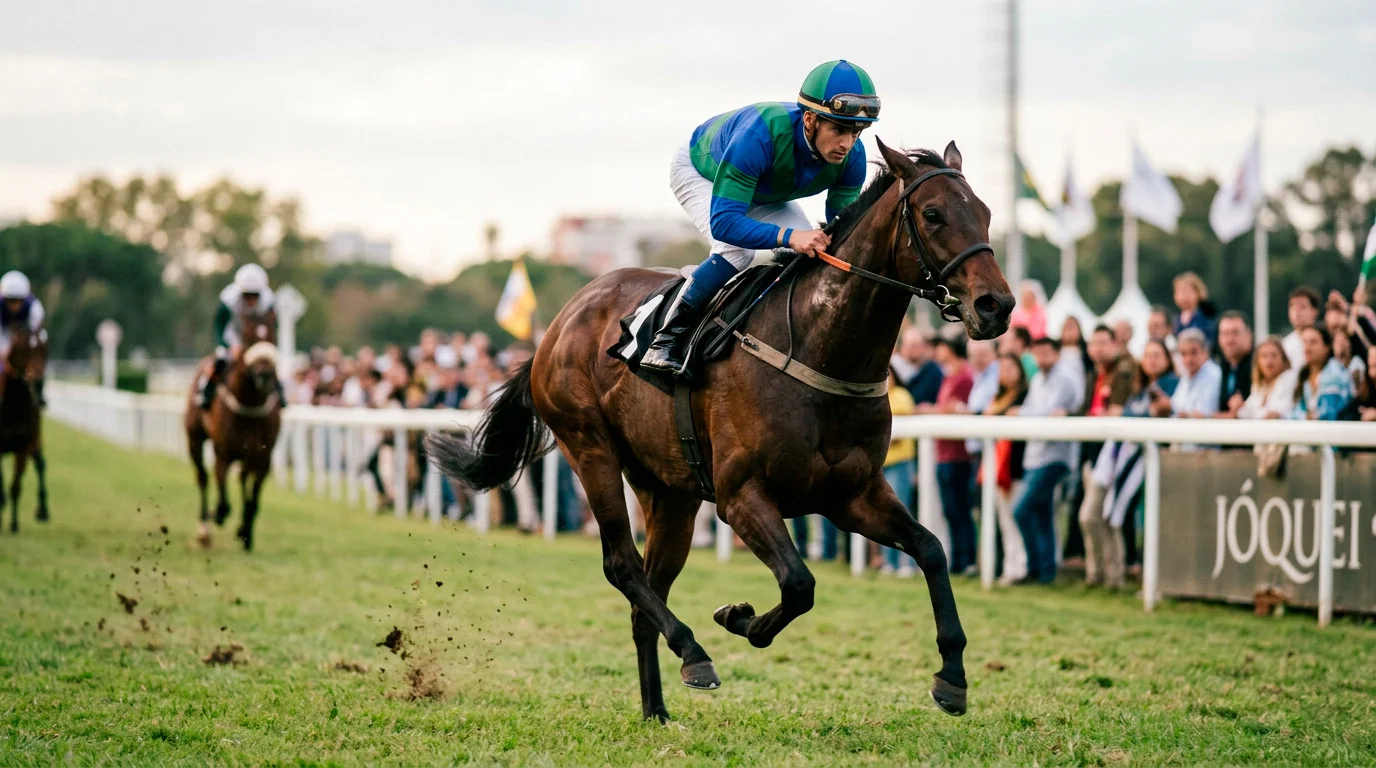 Jockey em posição de corrida sobre cavalo de galope durante uma prova