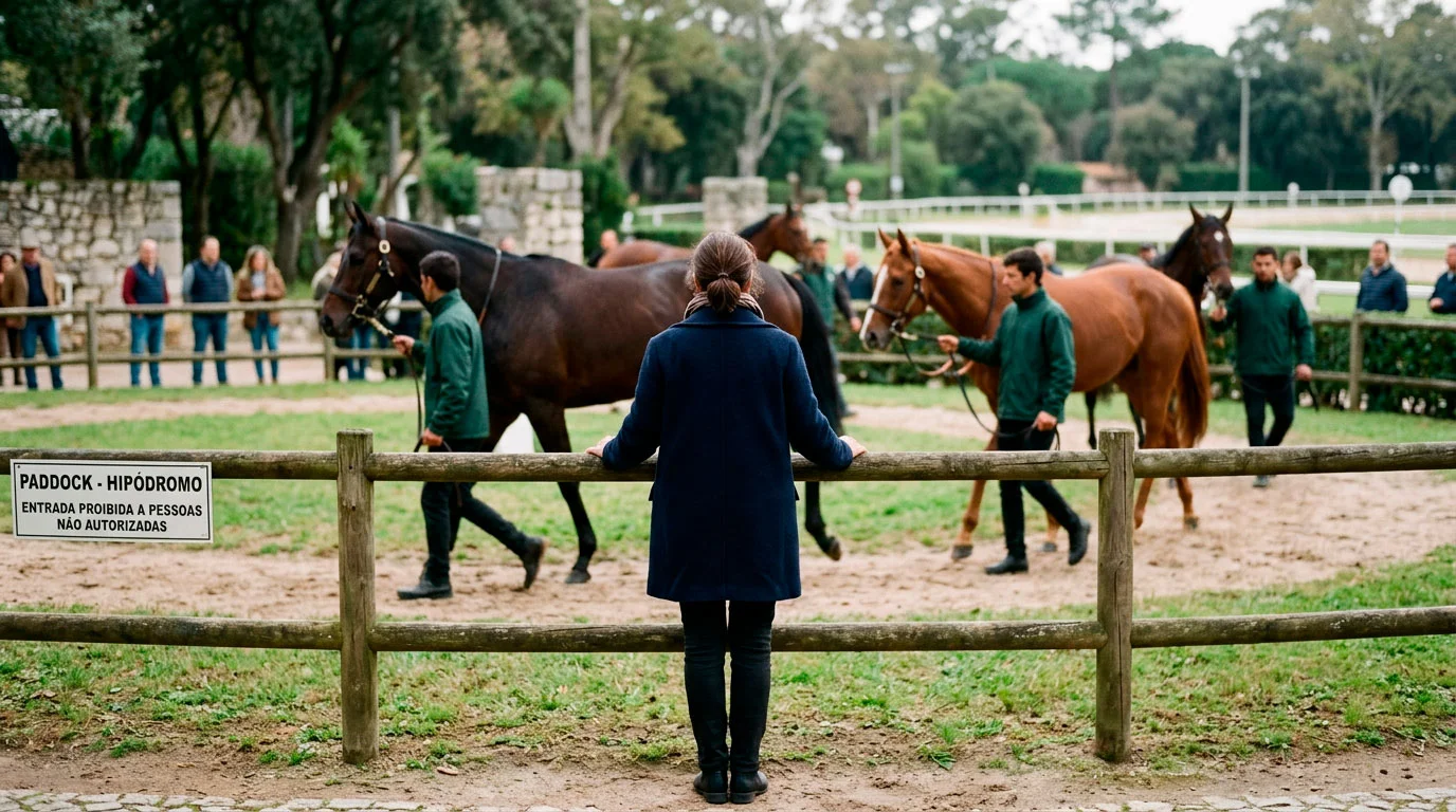 Pessoa a observar cavalos de corrida no paddock de um hipódromo