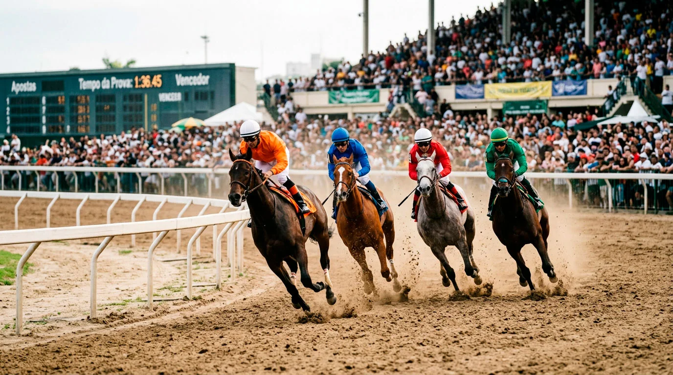 Corrida de cavalos em pista de terra batida no estilo dos hipódromos americanos