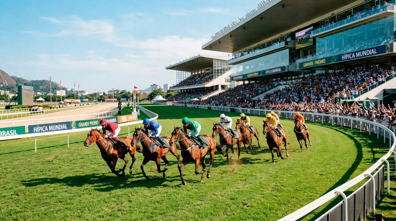 Vista panorâmica de um grande hipódromo com cavalos na reta final de uma corrida importante