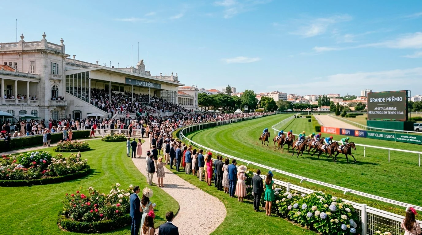 Hipódromo europeu com público nas bancadas durante uma corrida de cavalos