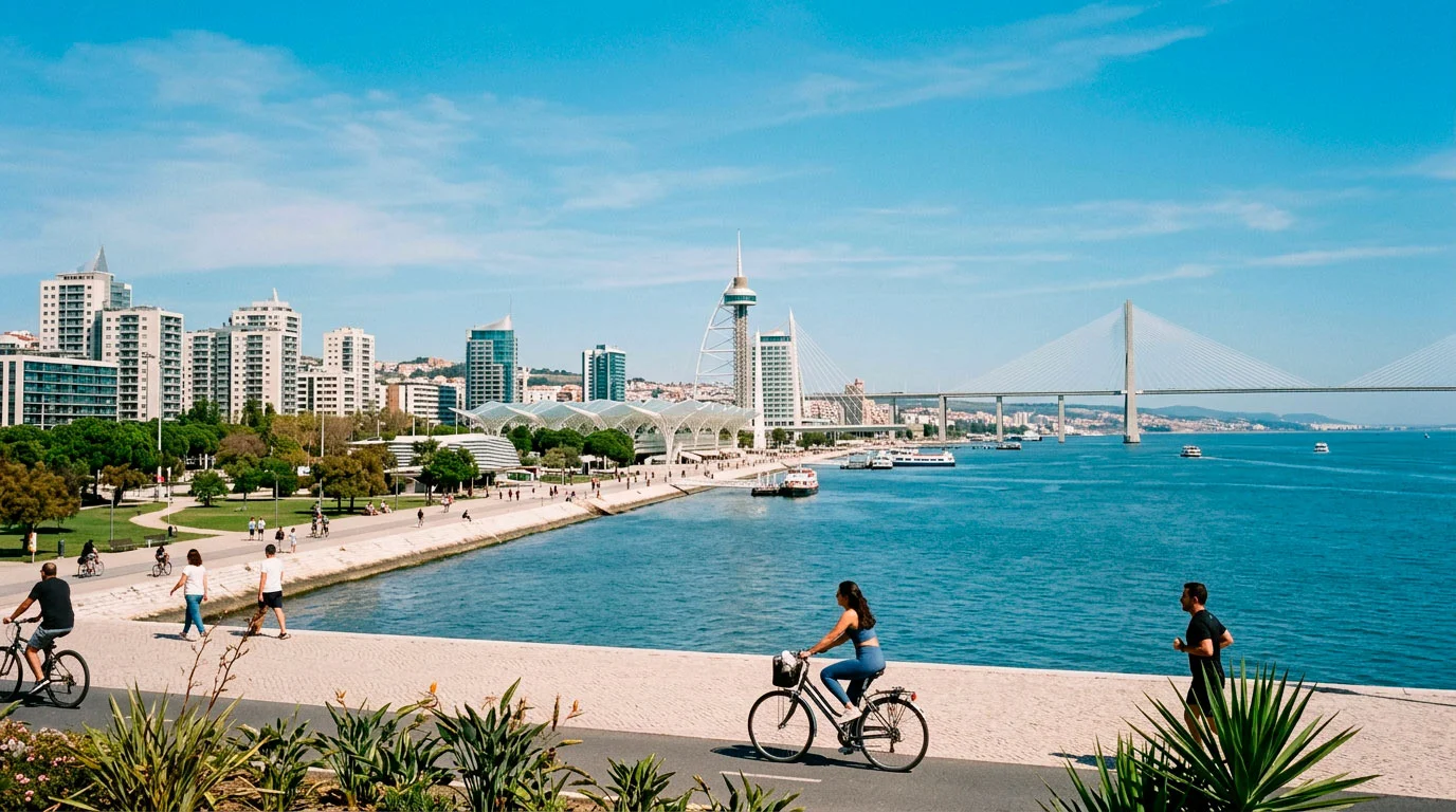 Panorama urbano de Lisboa com edifícios modernos e rio Tejo