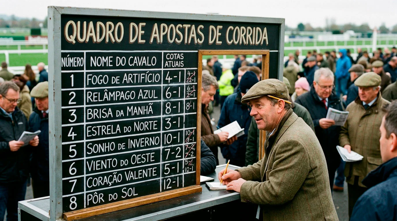 Painel de odds num hipódromo britânico com números e nomes de cavalos