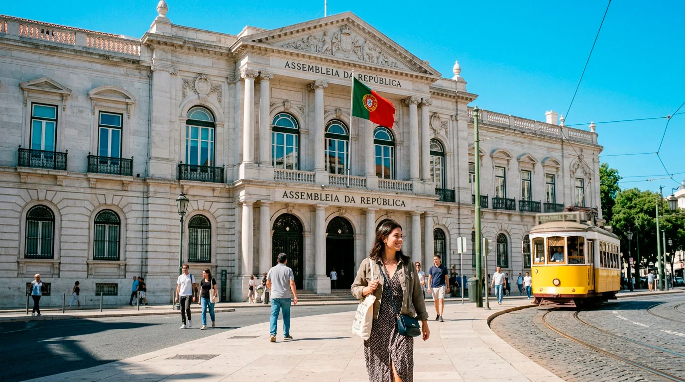 Fachada de edifício institucional em Lisboa com bandeira portuguesa