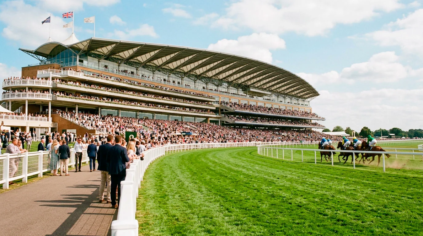 Hipódromo de Ascot com tribuna elegante e pista de relva durante corrida