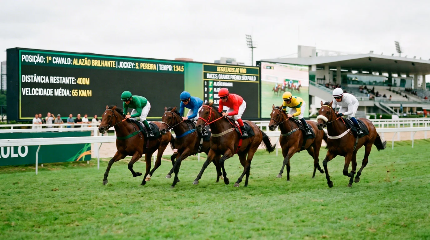 Cavalos de corrida a competir com ecrã de dados e odds ao fundo no hipódromo
