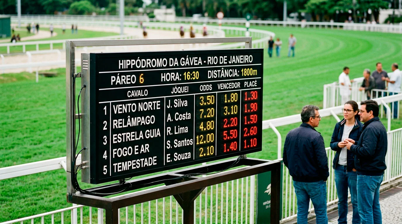 Painel de odds num hipódromo com cotações de cavalos antes de uma corrida