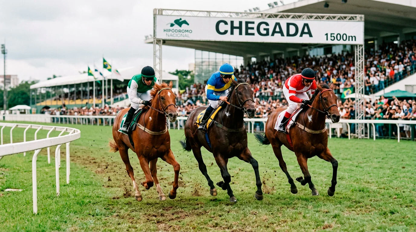 Três cavalos a cruzar a linha de meta de uma corrida de galope lado a lado