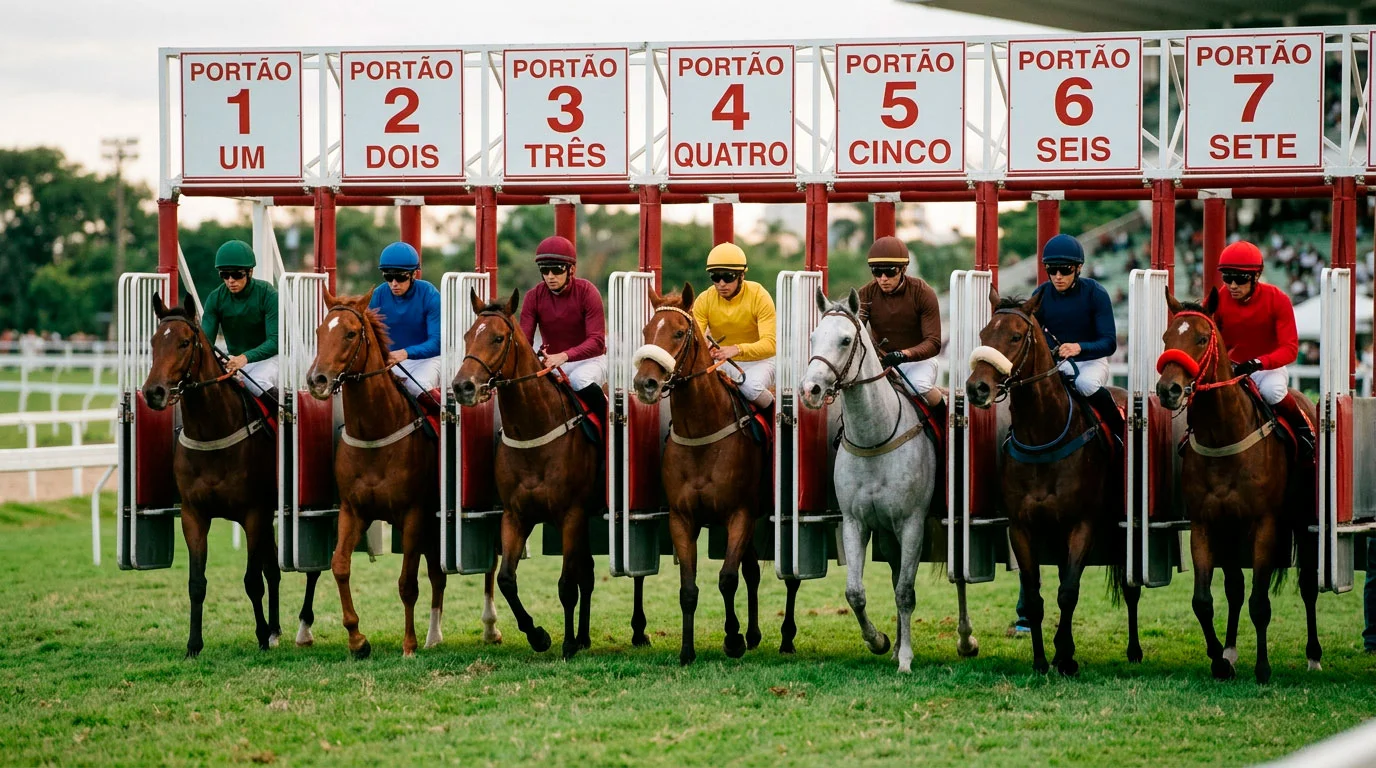 Cavalos de corrida alinhados nos stalls de partida prontos para a largada